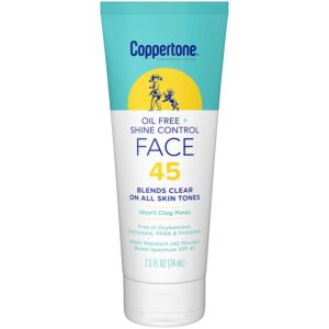 Coppertone Oil Free + Shine Control Sunscreen Face Lotion SPF 45, Lightweight Sunscreen for All Skin Tones, Won’t Clog Pores, Fragrance Free, 2.5 Fl Oz Tube