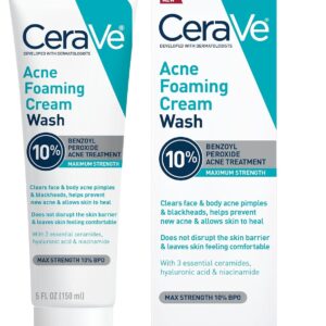 CeraVe Acne Foaming Cream Wash, Gentle Face and Body Cleanser with Benzoyl Peroxide 10%, Hyaluronic Acid, and Niacinamide, 10% Benzoyl Peroxide Treatment Clears Pimples and Blackheads 5 Oz CeraVe Acne Foaming Cream Wash, Gentle Face and Body Cleanser with Benzoyl Peroxide 10%, Hyaluronic Acid, and Niacinamide, 10% Benzoyl Peroxide Treatment Clears Pimples and Blackheads 5 Oz